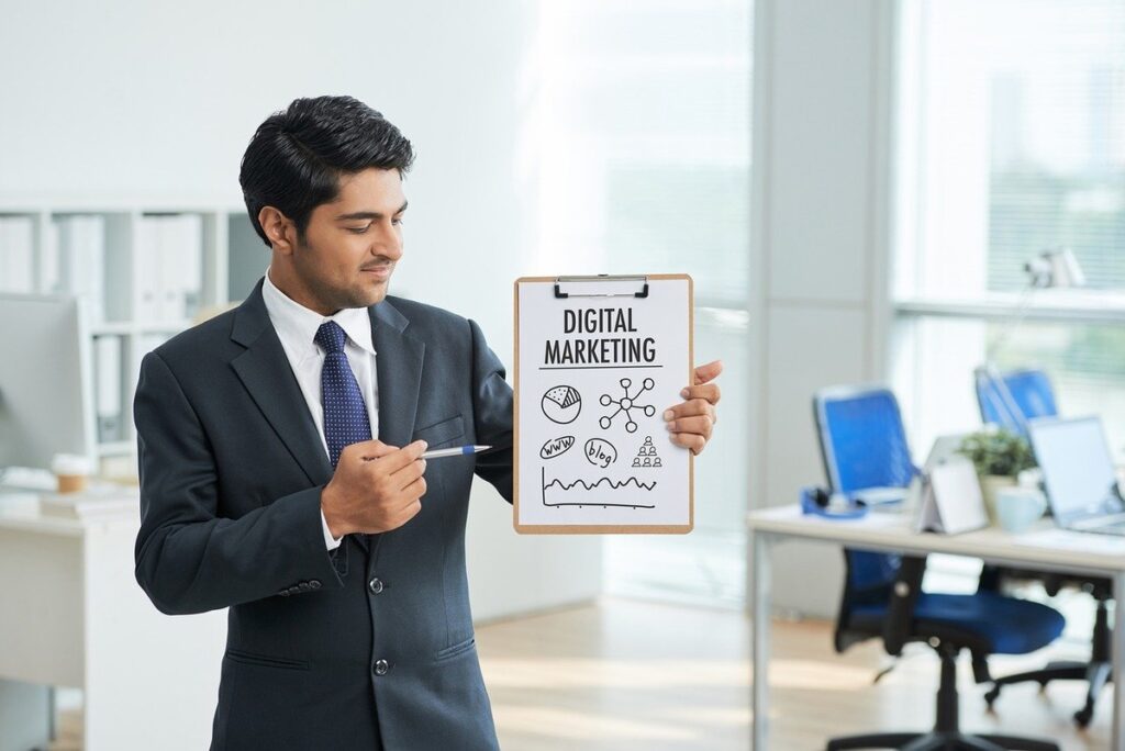 Businessman holding marketing board