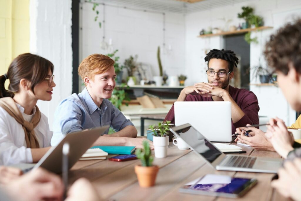 Group discussion in modern workspace