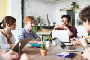 Group discussion in modern workspace