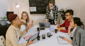 Group brainstorming in conference room