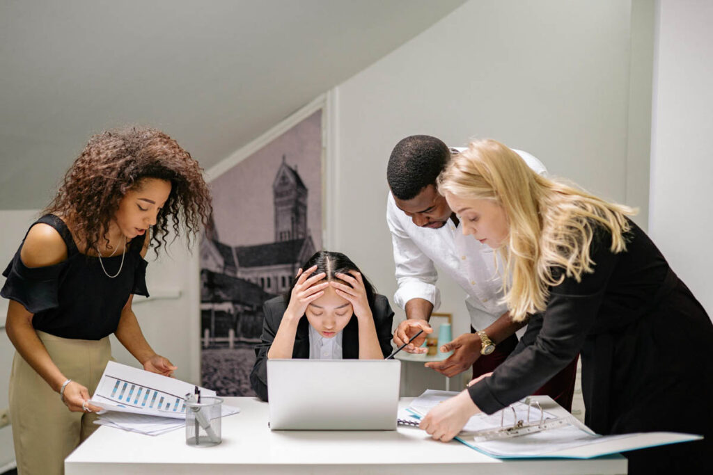 Group discussing stressful work situation