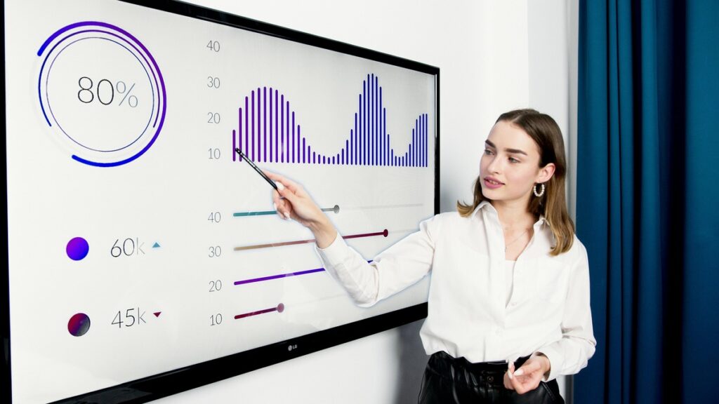 Woman presenting data on screen