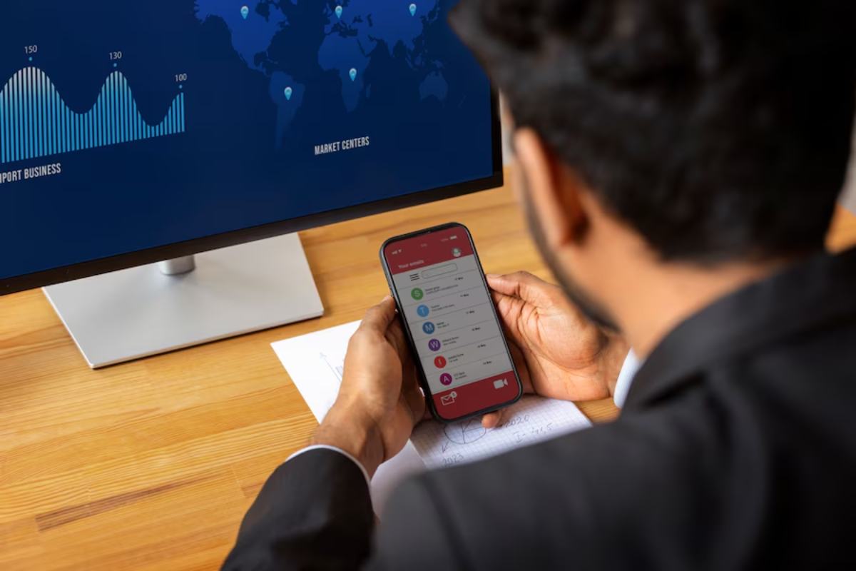 A man in a suit reviews data on his smartphone while a computer screen displays global business statistics and market centers.