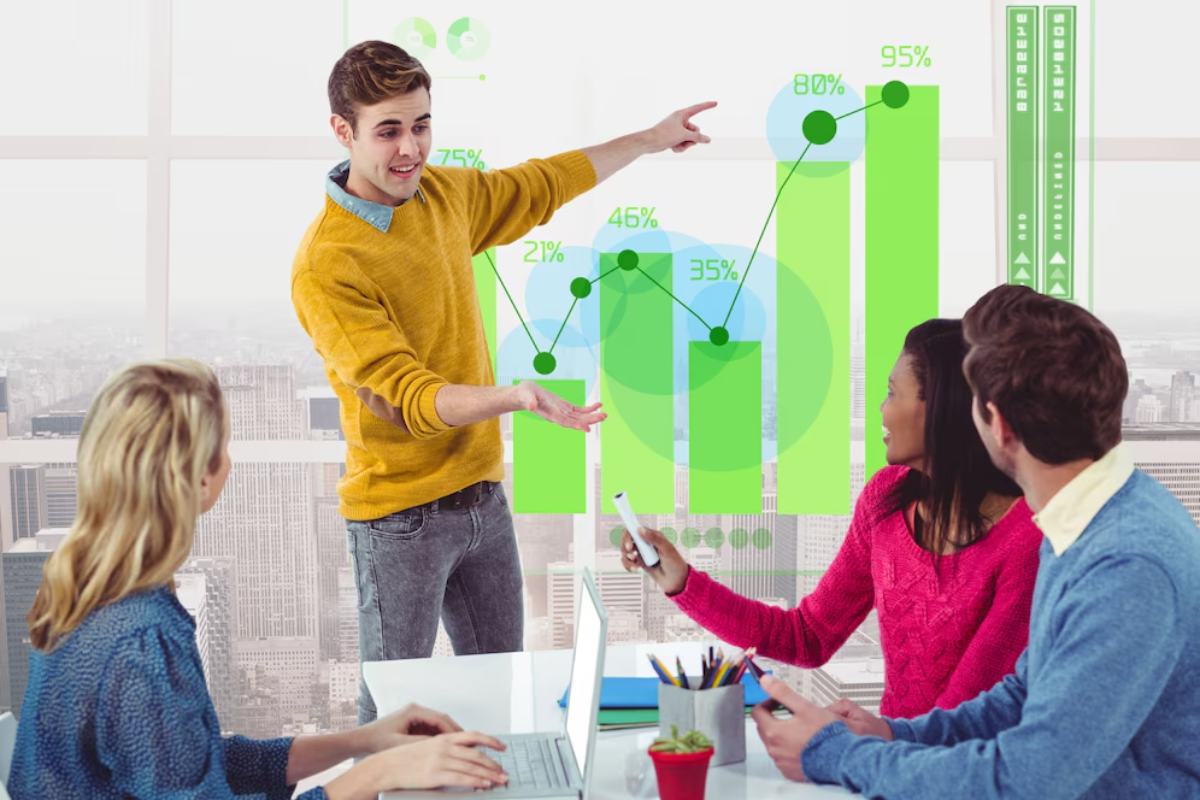 A group of professionals analyzes data presented on a screen